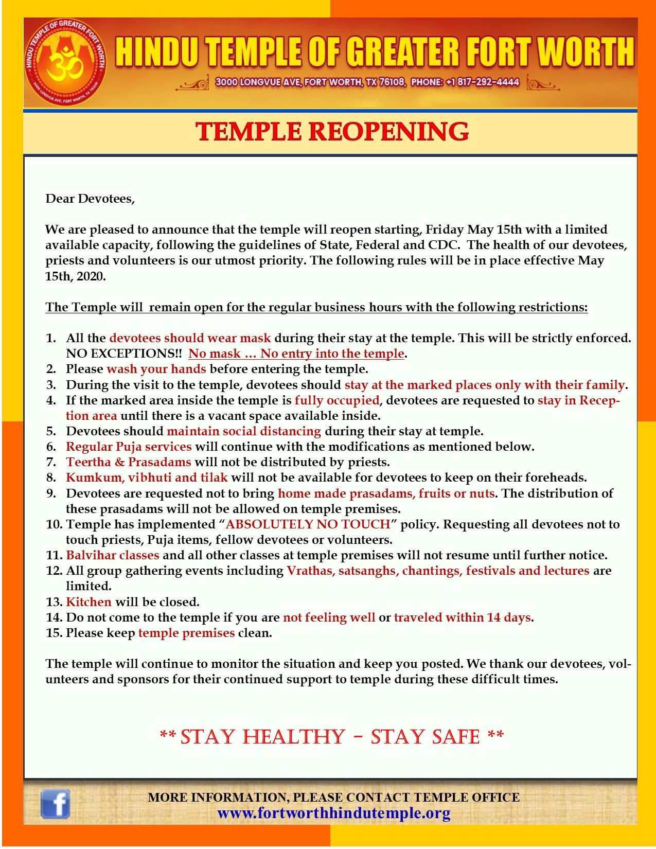 Temple Reopens Starting May 15th