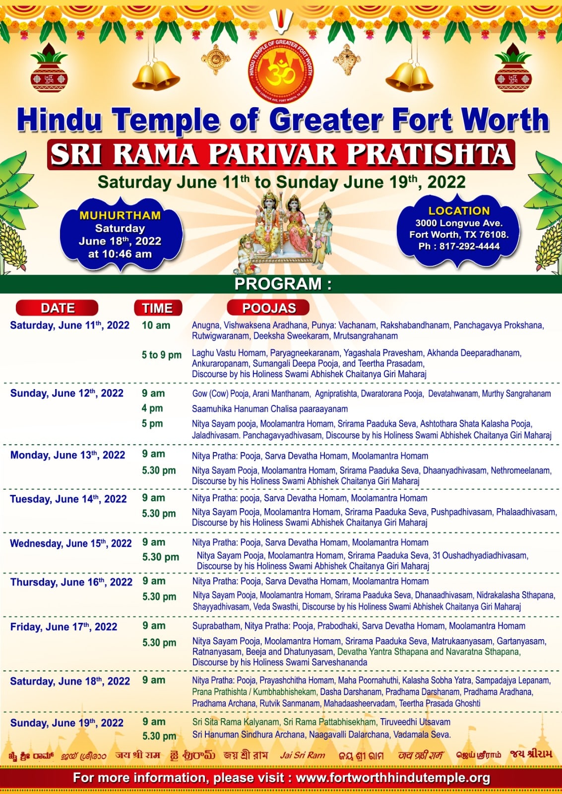 Sri Rama Parivar Pratishta schedule
